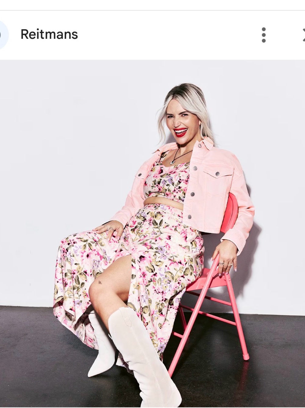 Reitmans x The Birds Papaya Pink Floral Midi Skirt and Crop Top Matching Set